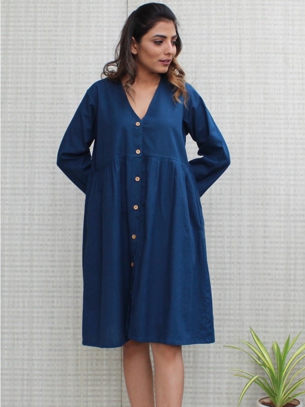 Women's Teal Button-Front V-Neck Dress